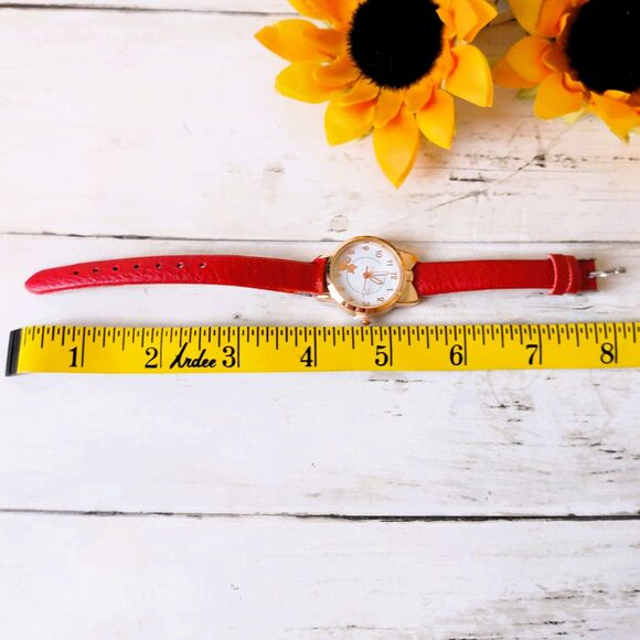 NEW Red Band Cat Face Watch Gold Tone Cat Ears Faux Leather - Picture 2 of 3